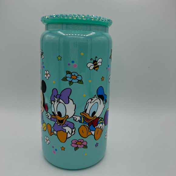 BABY MICKEY & FRIENDS 16oz shimmer LIBBEY glass cup w/ rhinestone lid and straw - Picture 3 of 4
